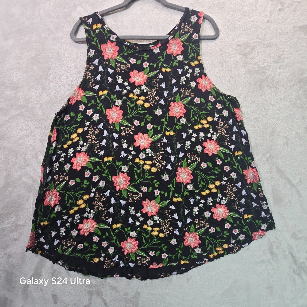 Old Navy Luxe Swing Tank Top Womens 2XL Black Floral Print Round Neck Curved Hem